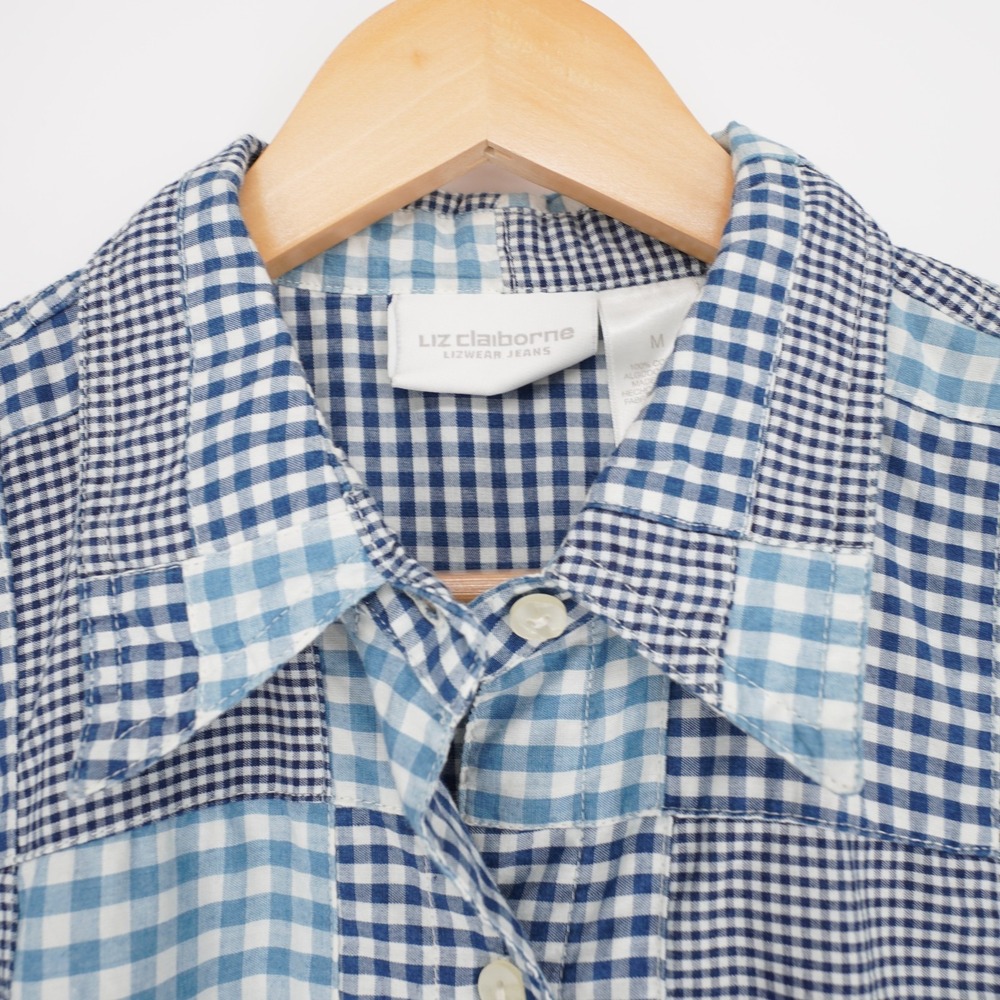 Womens Madras Check Button Up Shirt Blue M Cotton Preppy Coastal Casual - Picture 4 of 11